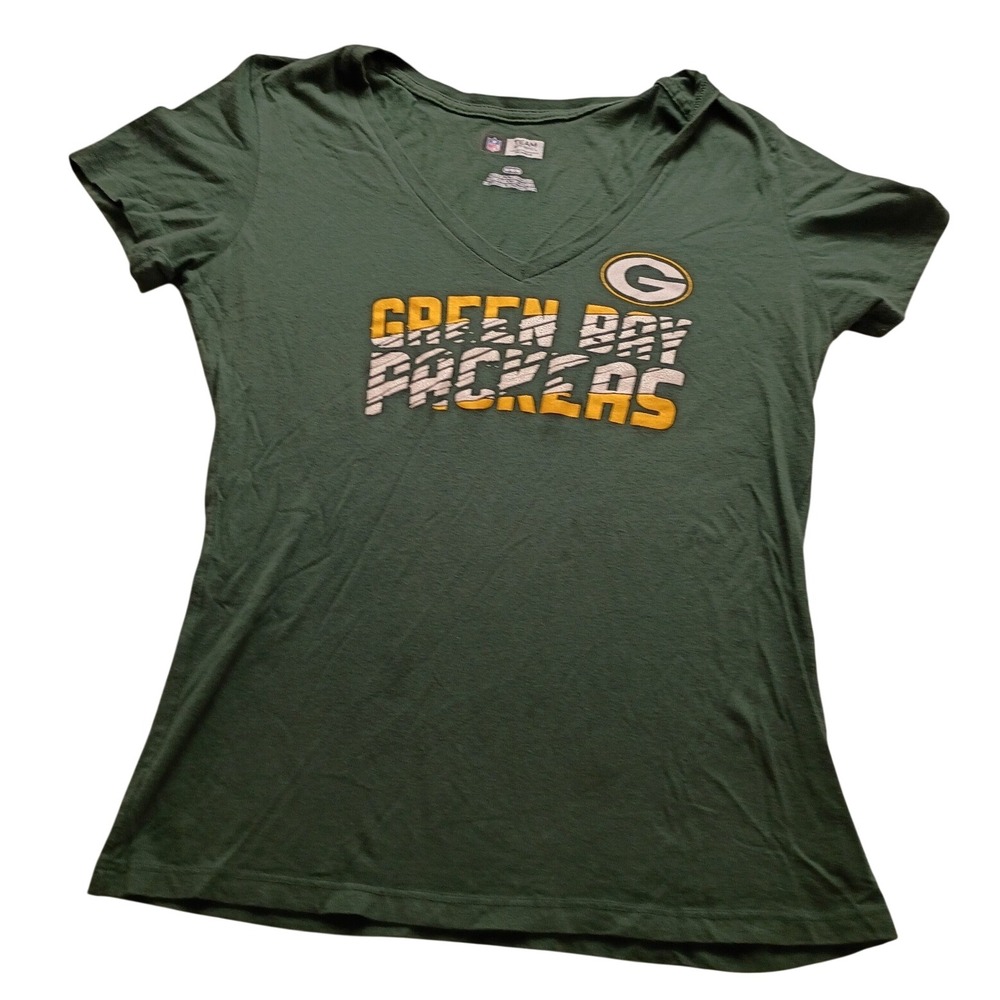 NFL Team Apparel T-Shirt Women's Green Bay Packers Graphic V-Neck Medium Green